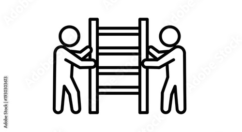 Two people carrying a ladder together, teamwork and cooperation concept