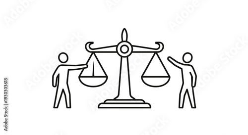 Two people balancing scales of justice, symbolizing law, fairness, and legal decisions.