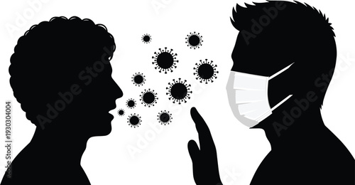 Black Silhouette of Man Sneezing Virus Particles Near Person Wearing Medical Face Mask for Pandemic Prevention Health Safety Social Distancing and Coronavirus Protection Concept