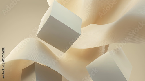3D Abstract Background with Interwoven Ribbon Waves and Floating Geometric Forms
