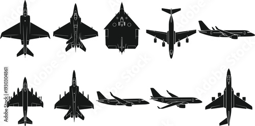Airplane silhouette collection featuring fighter jets and passenger aircraft, aviation transport black vector illustration set
