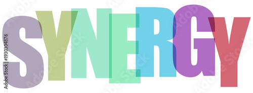 Synergy word art with colorful translucent letters on checkered background