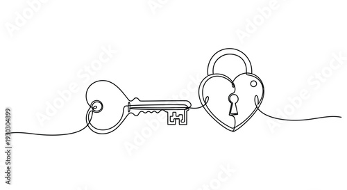 Continuous Line Drawing of Key and Heart Shaped Padlock Connection