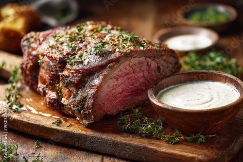 Prime rib roast with herbs and rock salt on a rustic wooden board, serving creamy horseradish sauce
