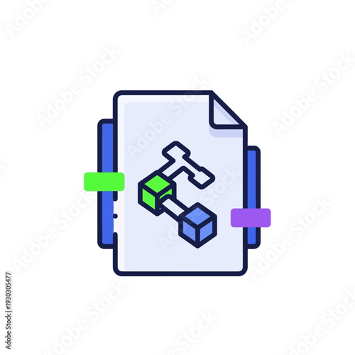 A blue outlined document icon with green and blue 3d blocks
