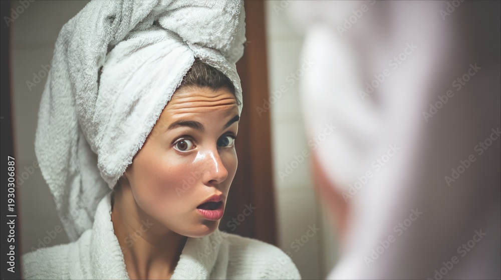 Fototapeta premium Surprised woman with towel on head looking in mirror.