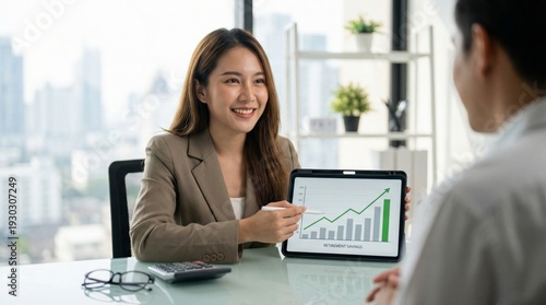 Trustworthy Asian Female Financial Planner Discussing Investment Growth Strategy on Tablet in Sunlit Office