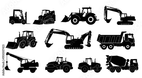 Collection of Heavy Construction Machinery Silhouettes.
