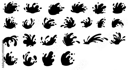 Collection of black ink splatter silhouettes on white background.