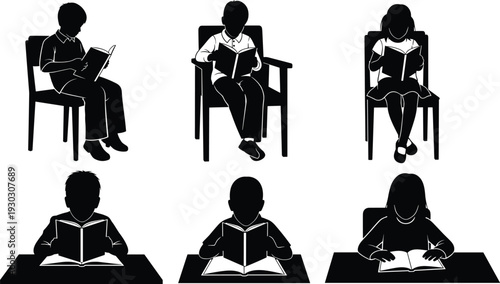 Children reading books silhouettes set, black and white vector illustration of students studying, education concept isolated on white background