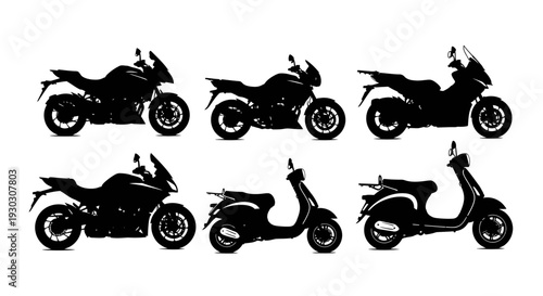Collection of various motorcycles and scooters silhouettes.