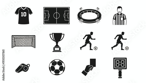 Vector illustration of soccer icons including players, trophies, and equipment in a grid layout on a clean white background, referencing concept image (109).ai