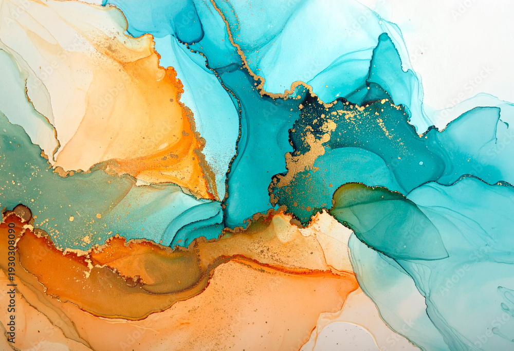 Naklejka premium Abstract teal and orange fluid artwork with gold accents