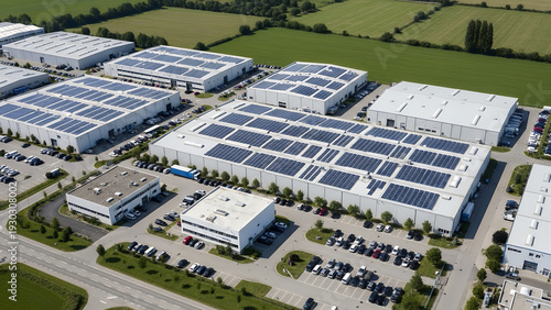Aerial view of modern industrial complex with solar panels on rooftops