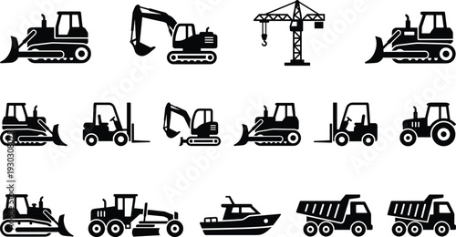 Construction machinery icon set with bulldozer, excavator, crane, forklift, tractor, dump truck, boat black silhouette vector collection
