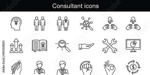 Consultant icons set, business advisory line vector collection with strategy finance analysis teamwork and management symbols