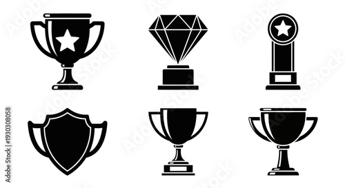 Collection of black trophy icons with star and shield symbols on white background viewed from the front