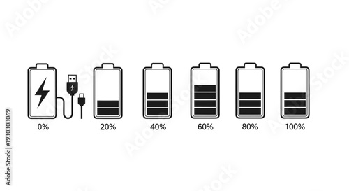 Battery Charging Levels Illustration with Percentage Indicators.
