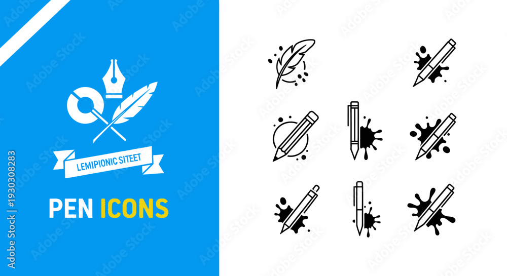 Fototapeta premium Minimalist Pen and Writing Icon Set with Ink Splatter Accents, Quill Feather, Fountain Pen Nib, and Pencil Graphics for Creative Design
