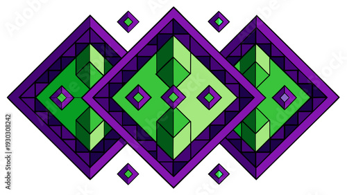 Geometric Diamond Pattern with Purple and Green Hmong Style Embroidery Elements