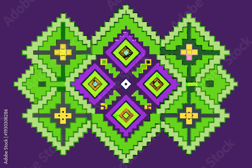 Geometric Diamond Pattern with Purple and Green Hmong Style Embroidery Elements