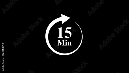 Countdown clock graphic with 15 minutes remaining, animated white arrow and circle