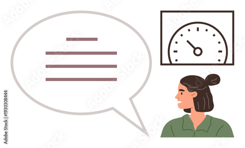 Communication, time management, productivity, decision-making, work efficiency, speed evaluation. Woman looking at a speedometer with a blank speech bubble. Communication and time management concept