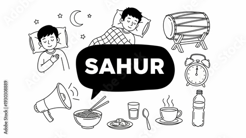 Early morning meal preparation for fasting with alarm clock and food illustration