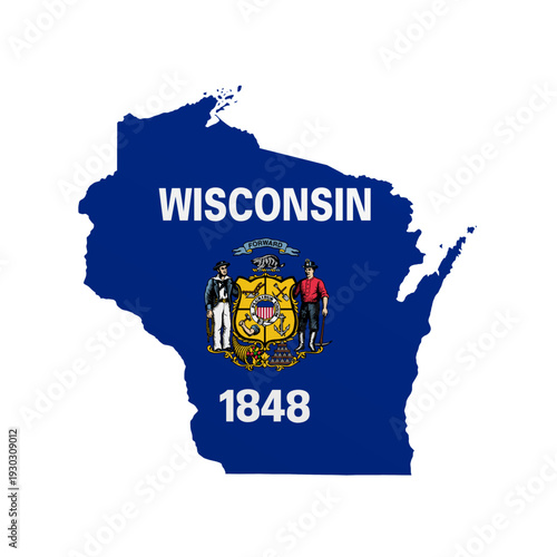 Wisconsin flag map poster. US state pride wall decor artwork. Patriotic printable digital art. Detailed vector illustration