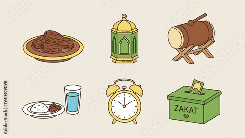 Celebrating Ramadan with dates, lantern, drum, water, and prayer clock in a festive illustration