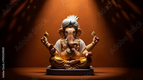 Majestic Ganesha statue with golden jewelry in serene meditative pose