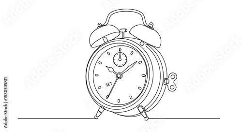 Vintage Alarm Clock with Bells in Continuous Line Art Drawing Illustration