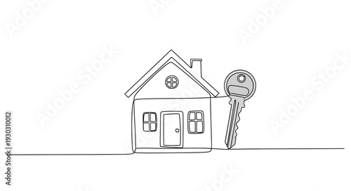 Detailed one-line house and key drawing for real estate and property concepts.