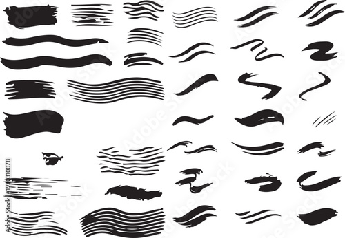 Abstract Black Brush Stroke Collection, Hand Drawn Ink Paint Streaks and Grunge Lines Set, Artistic Calligraphy Brush Marks, Isolated Design Elements for Logo, Poster, Banner, Texture Overlay and Mode