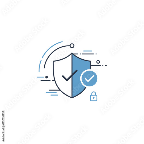 A blue and white shield with a check mark on it