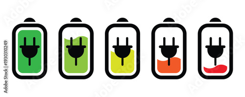 Battery charge indicator set featuring a black power plug and lightning bolt symbol. Illustrates charging process from depleted to fully charged for hardware and electronics themes.