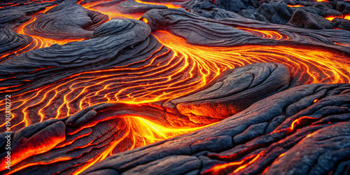 Lava moves slowly over the ground, creating a maze of bright orange and red. The hot liquid rock changes the landscape in a volcanic area under clear skies during the day