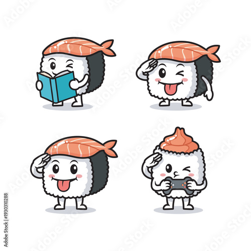 Cartoon sushi characters reading, thinking, and taking pictures with copy space