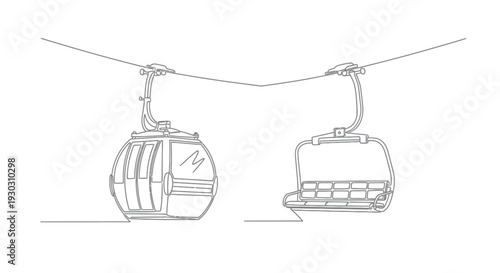 Fotografie Continuous Line Drawing of a Gondola and Chairlift, Ski Resort Transportation