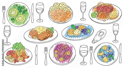 Scribble style dishes vector with cutlery seafood and wineglasses