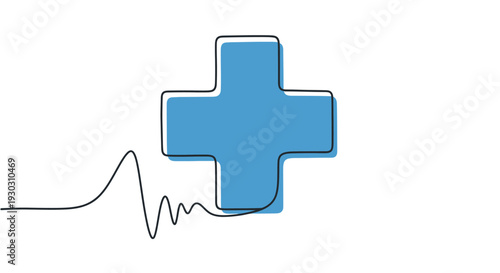 Medical Cross with Heartbeat and Blue Fill Line Art - Health, Emergency, and Life Support