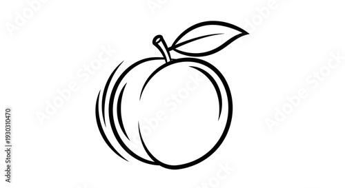 Simple Line Art Peach Icon with Leaf and Stem