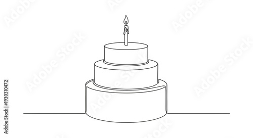 Simple Line Art of a Three-Tiered Birthday Cake with a Single Lit Candle
