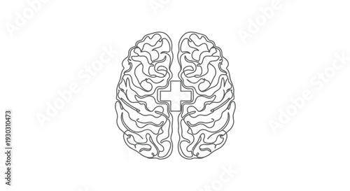 Human Brain with Medical Cross Line Art - Mental Health and Neurological Care Concept