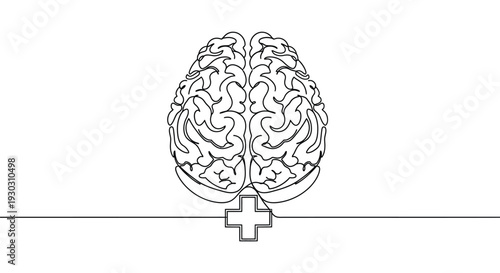 Human Brain and Medical Cross Line Art - Mental Health and Cognitive Support Concept