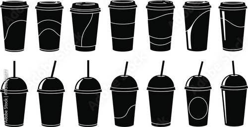 Disposable coffee cup and takeaway drink silhouette set featuring paper cups, lids, straws, vector illustration collection