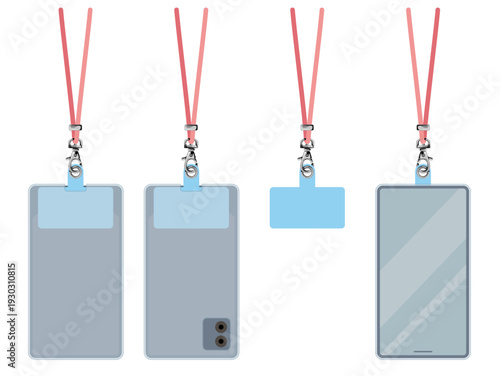 スマホショルダー用ホルダーパッチと落下防止ストラップ装着図（Smartphone shoulder strap holder patch and case attachment set）