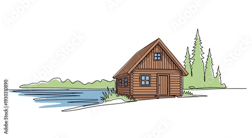 Rustic Log Cabin by Serene Lake Shore with Pine Trees