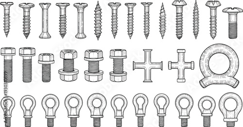 Detailed screws bolts nuts and eye bolts collection, vintage engraved metal fasteners set isolated on white background vector illustration