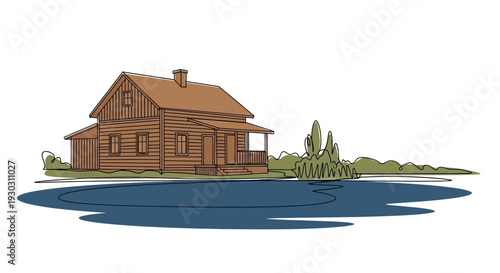 Rustic wooden house by a lake, serene landscape, nature, water reflection, rural scene